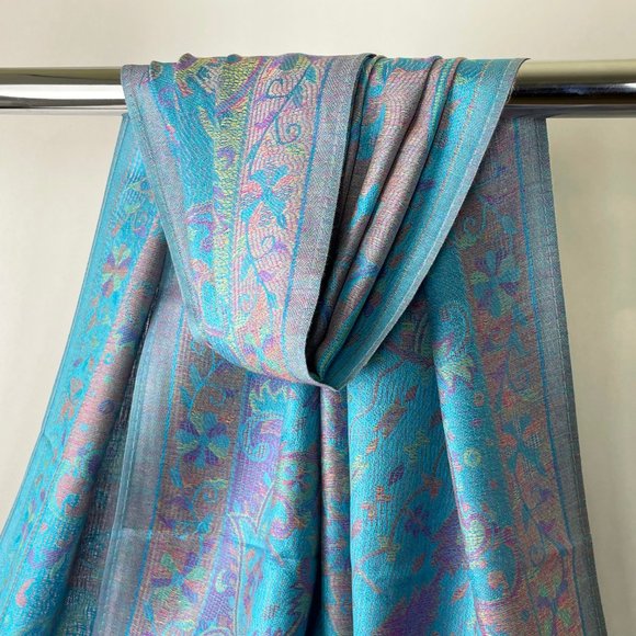 Light Blue Floral Silk Pashmina Scarf Shawls Wraps - Picture 2 of 3